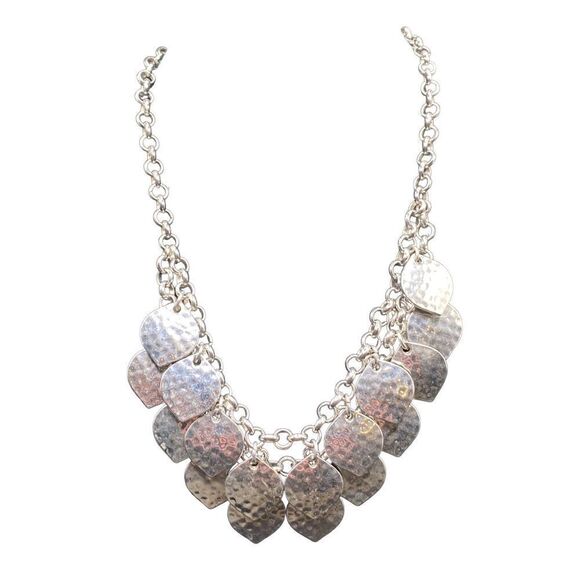 Silver tone double row hammered leaves on silver tone chain bib necklace - Picture 2 of 7